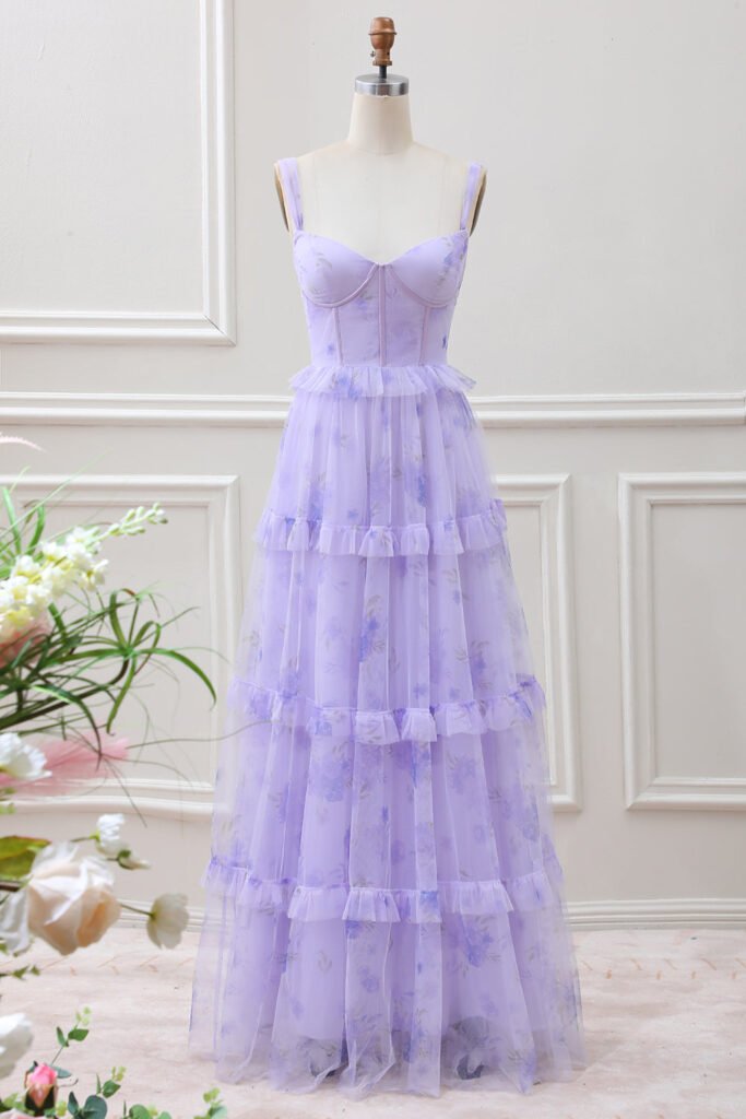 Lavender Corset Tiered Maxi Dress with Floral Tulle & Spaghetti Straps
