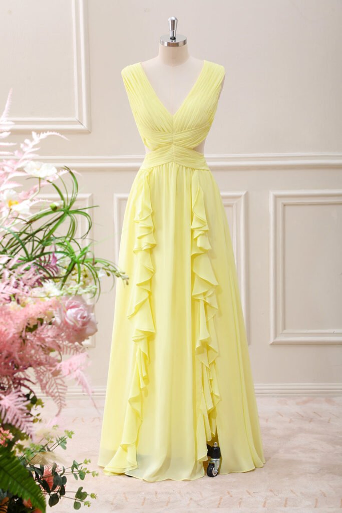 Lemon Yellow V-Neck Chiffon Maxi Dress with Ruffle Details & Waist Cutout