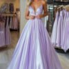 Light Purple A-Line Pleated Prom Dress with Spaghetti Straps & Deep V-Neckline