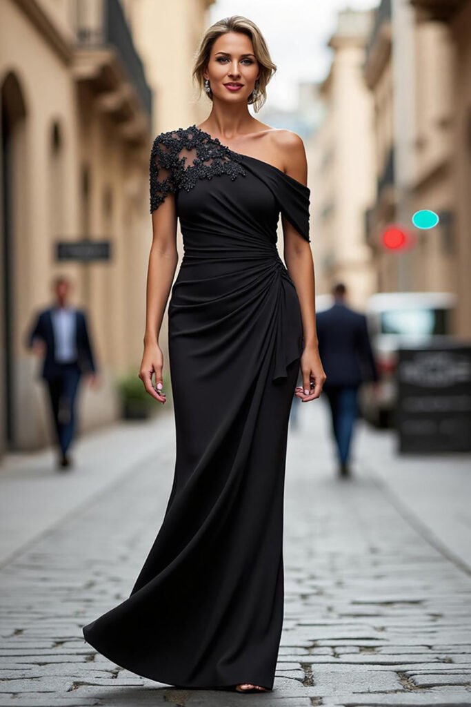 Black One-Shoulder Mermaid Mother of the Bride Gown with Lace Appliqué