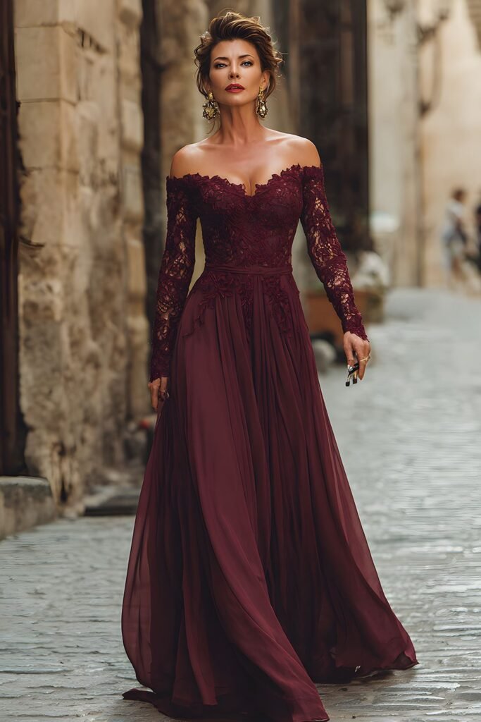 Cabernet Off-the-Shoulder Lace A-Line Mother of the Bride Gown