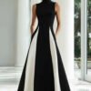 Black and White A-Line High Neck Formal Gown with Colorblock Panels