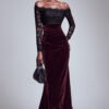 Black and Burgundy Velvet Mermaid Formal Dress with Off-the-Shoulder Lace Bodice