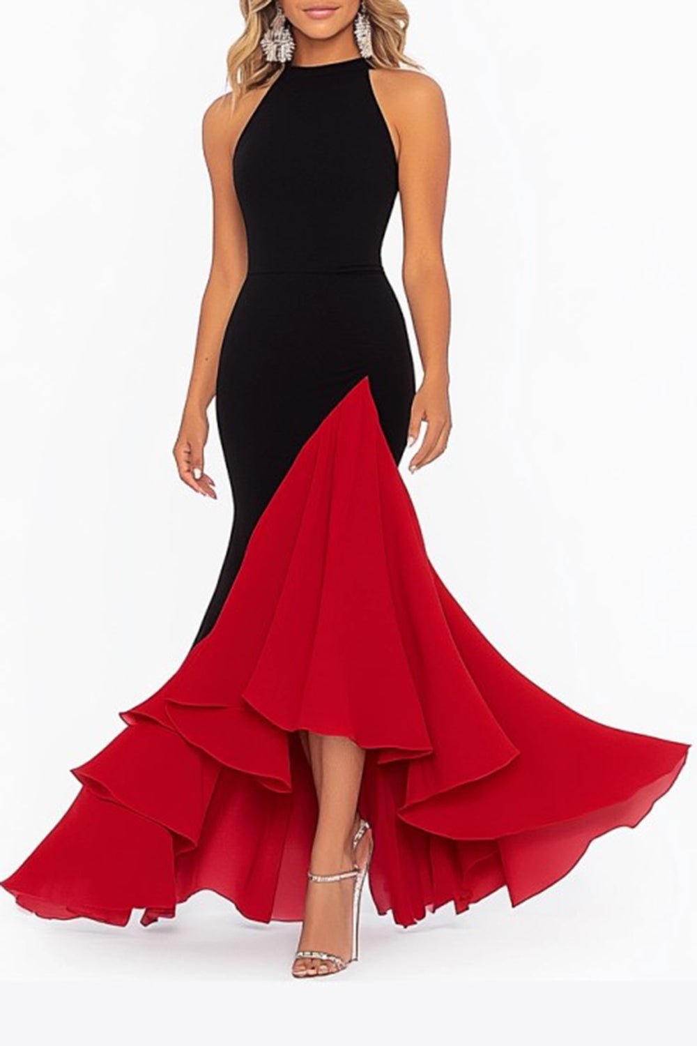 Black and Red Mermaid Ruffle Formal Gown with High-Low Hemline