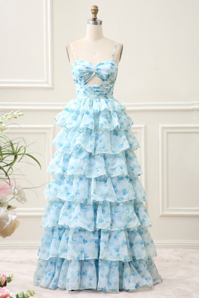 Sky Blue Floral Tiered Maxi Dress with Spaghetti Straps & Waist Cutout