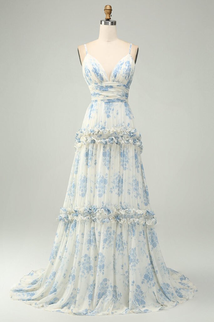 Blue Floral A-Line Tulle Maxi Dress with Ruffle Tiered Skirt & Spaghetti Straps