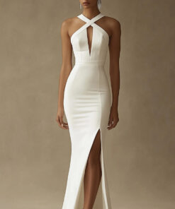 White Mermaid Halter Long Rehearsal Dinner Dress with Slit